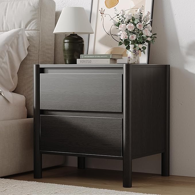 CHUWELL 2 Drawer Dresser for Bedroom, 19.7" Wide Mid Century Chest of Drawers with 4 Solid Wood Cylindrical Legs and 2 Large Storage Space, Wood Dresser for Bedroom(Black)