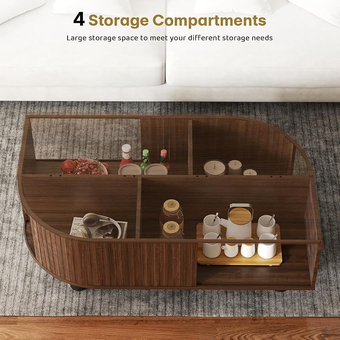 Mid-Century Modern 39.4" Coffee Table - Leaf-Shaped Wood Center Table with Storage, Retro Fluted Central Table with Sliding Door for Living Room, Office, Walnut