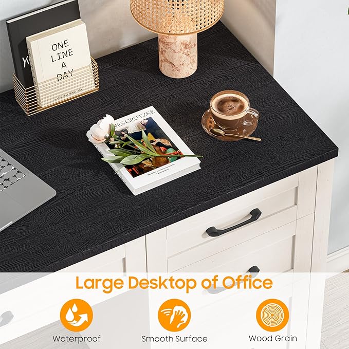Vabches Farmhouse 47" Executive Desk with 4 Drawers, Computer Desk with File Drawer and Charging Station, Workstation for Home Office, Study.（Black）