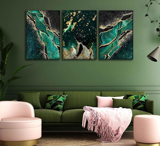 WSTUKVV 3Pcs Green and Gold Wall Art Abstrct Gold Foil Lines Posters Pictures Marble Texture Canvas Prints Dark Green Paintings for Nordic Living Room Bedroom Office Home Wall Decor Ready to Hang