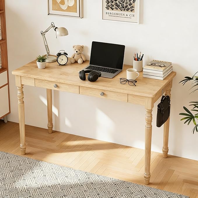100% Solid Wooden Desk with Drawers - 47.2” Mid Century Modern Desk with 2 Hooks, Writing Desk with Drawers, Simple Work Study Table for Bedroom & Home Office - Natural Boho Desks