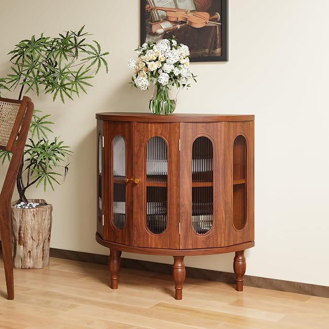 XUZENEST 31'' Sideboard Buffer Cabinet with Storage, Semi-Circle Modern Accent Storage Cabinet with Wooden Finish & Acrylic Doors, Console Table for Living Room Entryway Hallway (Walnut)