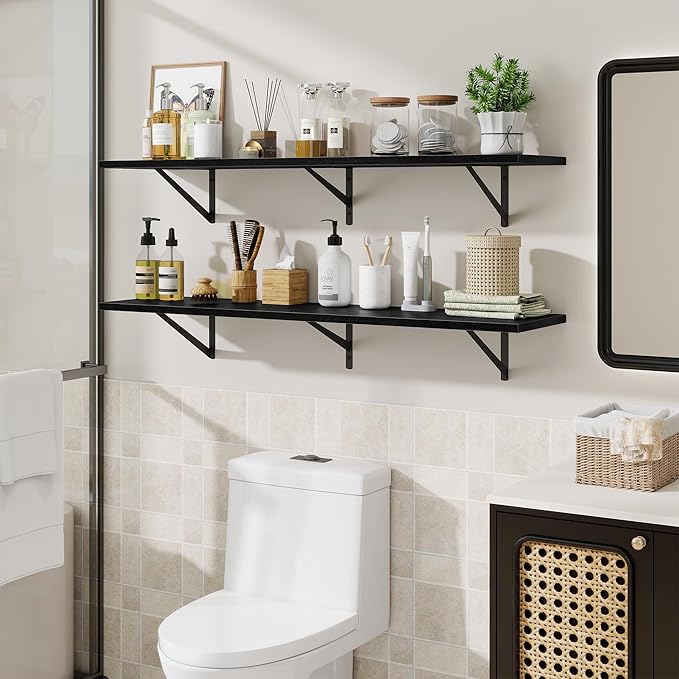 48inch Floating Shelves for Wall,10" Deep Floating Shelves with Metal Brackets,Wall Mounted Hanging Floating Shelf,Wide Display Shelves for Living Room,Bedroom,Office,Kitchen,Black