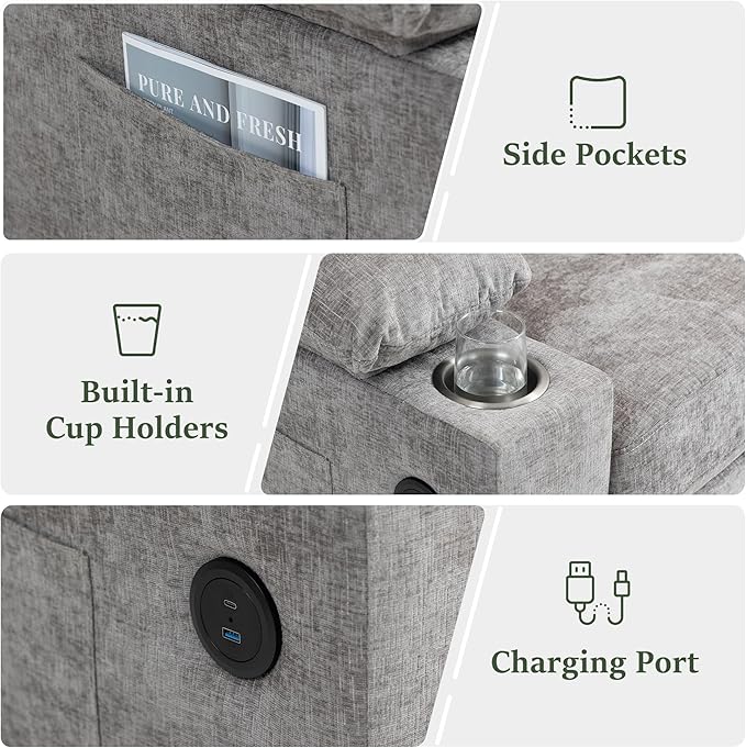 Oversized Chaise Lounge Chair with Ottoman and Cup Holders, Modern Sleeper Sofa with USB Charging Ports for Living Room and Bedroom (Grey)