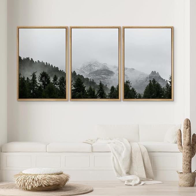 SIGNWIN 3 Piece Framed Canvas Wall Art Foggy Mountains Canvas Prints Home Artwork Decoration for Living Room,Bedroom - 16"x24"x3 Natural