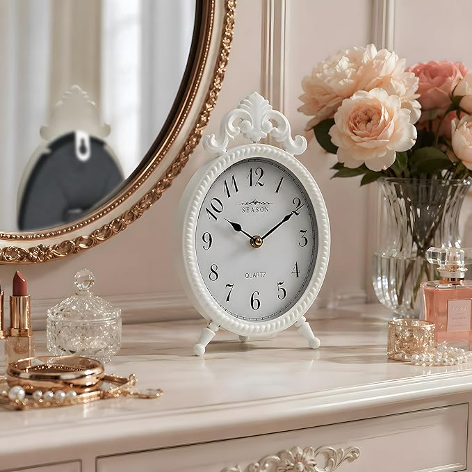 Battery Operated French Vintage Table Clock, 10.8" Small European Shabby Chic Mantel Clock with Ornate Scrollwork, Retro Desk Clock Quartz Silent Non-Ticking for Living Room, Bedside, Fireplace Decor