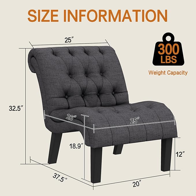 Tufted Upholstered Accent Chair for Living Room Bedroom Lounge Chair Armless Linen Slipper Chair with Wood Legs Gray