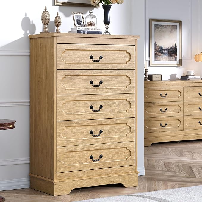 LIDYUK 5 Drawer Dresser for Bedroom Farmhouse Natural Wood Chest of Drawers for Bedroom Dresser, Rustic 46" Tall Wide Drawers Dressers Wooden Closet Storage Cabinet, Hallway, Living Room