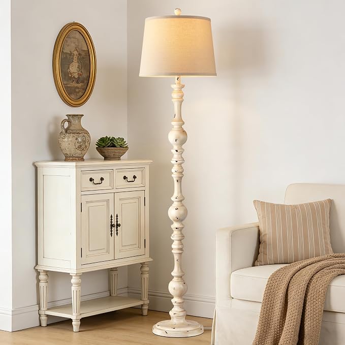 QiMH Vintage Floor Lamp for Living Room,61" Tall Rustic Standing Lamp with Linen Lampshade, Rotary Switch Farmhouse Floor lamp for Bedroom, Corner, Dining Room, Home Decor, Shabby White