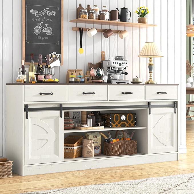 70” Large Buffet Sideboard Cabinet w/4 Drawer,Farmhouse Coffee Bar Cabinet Buffet with Storage,Sliding Door,Long Kitchen Buffet Table,Kitchen Sideboard Storage Cabinet,Credenza for Dining Room,White