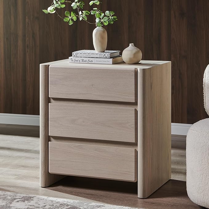 25" Tall Modern Nightstand with Charging Station, 23.6" W Nightstand with 3 Storage Drawers & Open Shelf, Wood Night Stand w/Rounded Corner Design for Bedroom, Living Room (Cream)