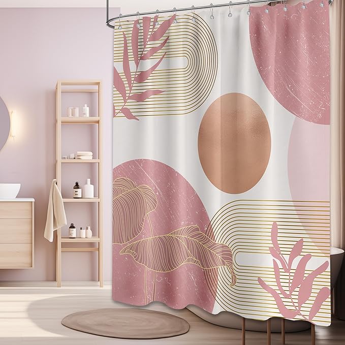Blush Pink Shower Curtain Light Pink and White Shower Curtains for Bathroom Decor Abstract MCM Bath Curtain Set, Waterproof Fabric with Hooks 70 x 72 Inch