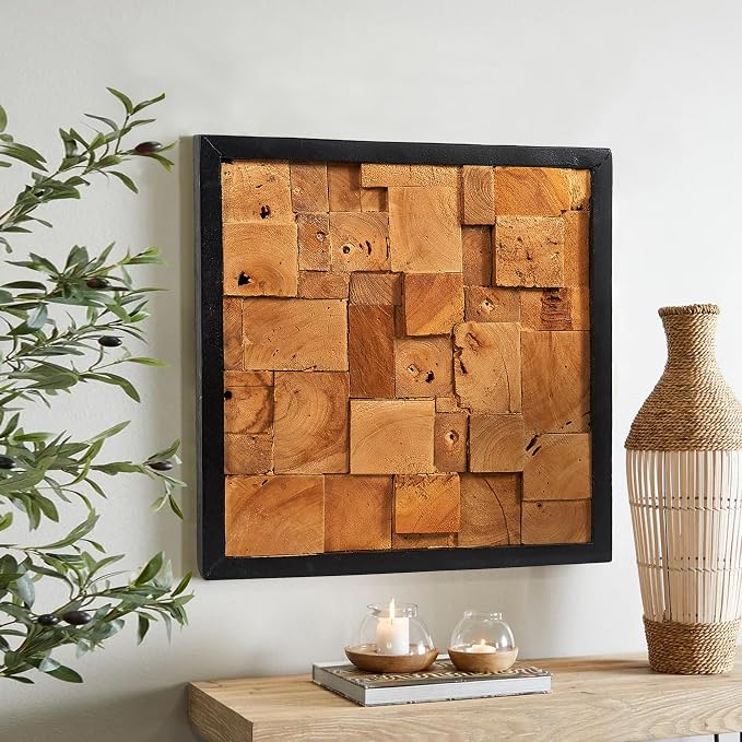 Greenage Reclaimed Teak Wood Wall Decor 17"x17" Farmhouse Simetris Square Wall Art Rustic Geometric Pattern Wall Hanging Decoration Wooden Frame Wall Panel for Home Living Room Bedroom