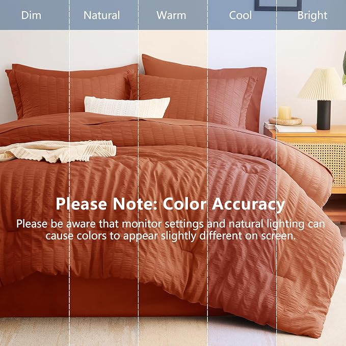 CozyLux Twin XL Comforter Set Burnt Orange, 5 Pieces Seersucker Twin Extra Long Bed in a Bag, College Dorm Down Alternative Bedding Set with Comforter, Sheets, Pillowcase & Sham, Back to School Gift