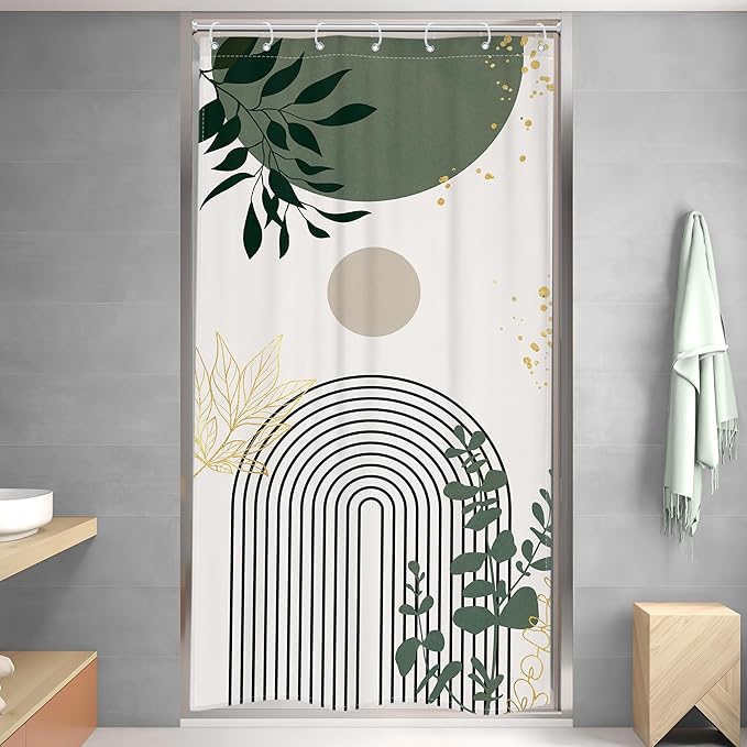 Riyidecor Small Stall Sage Green Boho Mid Century Shower Curtain for Bathroom Decor 36Wx72H Modern Abstract Gold Leaves Minimalist Geometric Art Printed Fabric Polyester Waterproof 7 Pack Plastic Hook