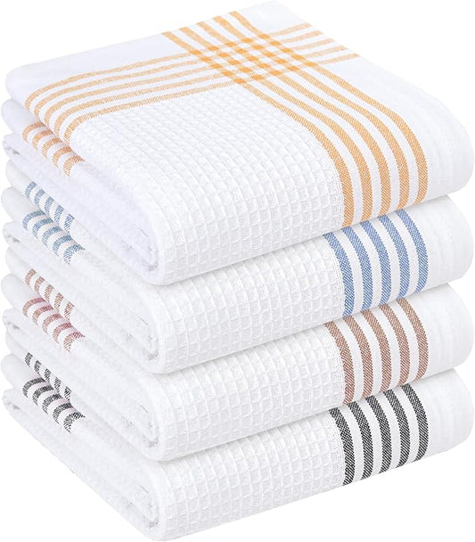 Waffle White & Multi Colors Kitchen Towels Set of 4, 100% Cotton, 16x26 inches, Quick Dry Dishcloths, Ideal Dish Towel for Drying, Wiping - Mustard Yellow, Sky Blue, Brown, Black