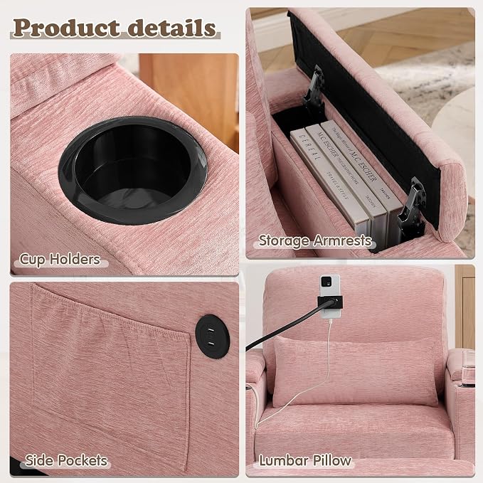 Small Chaise Lounge Chair Indoor with Ottoman&Adjustable Backrest,Chenille Tufted Recliner Comfy Sofa Chair with USB,Phone Holder&Storage Arms,Convertible Sleeper Couch Bed for Living Room(37"W,Pink)