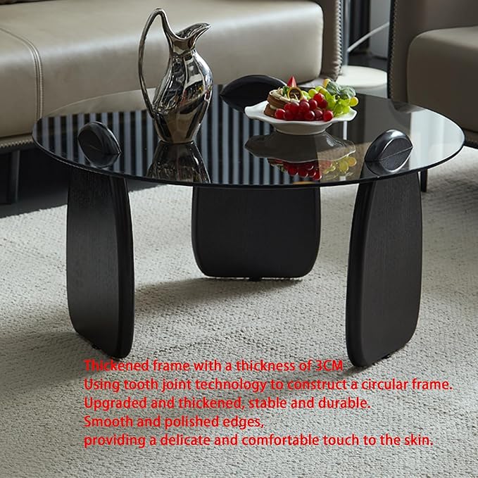 EASYSOUL Modern Round Coffee Table with Glass Top, 27.56" D x 27.56" W x 14.69" H, Circular Tea Tables for Living Room Home Office Industrial Cocktail Tables (Black-Grey Glass/27.56")
