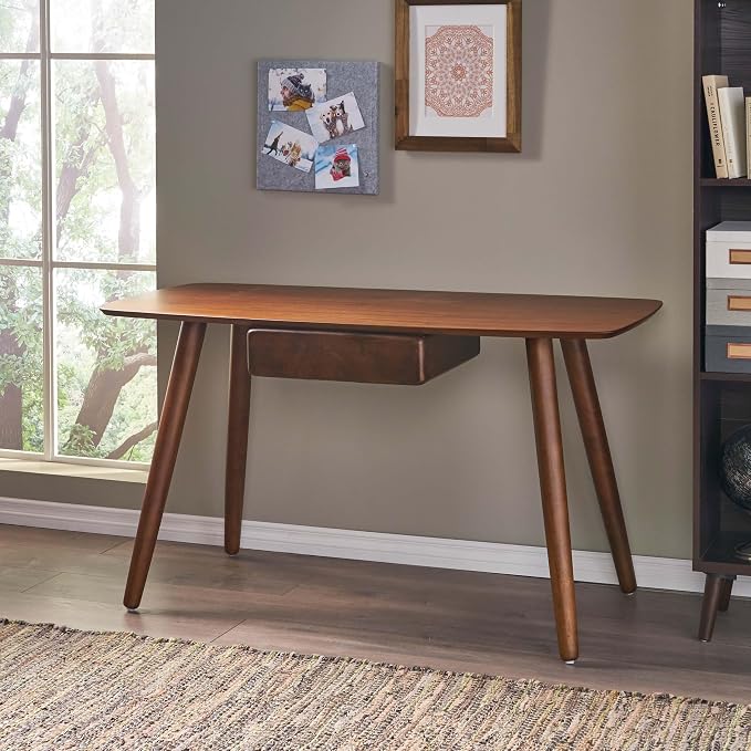 Wood Writing Desk with Drawers, Mid Century Desk with Solid Legs, Small Writing Desk for Small Spaces Bedroom Living Room, Easy Assembly (Walnut A)