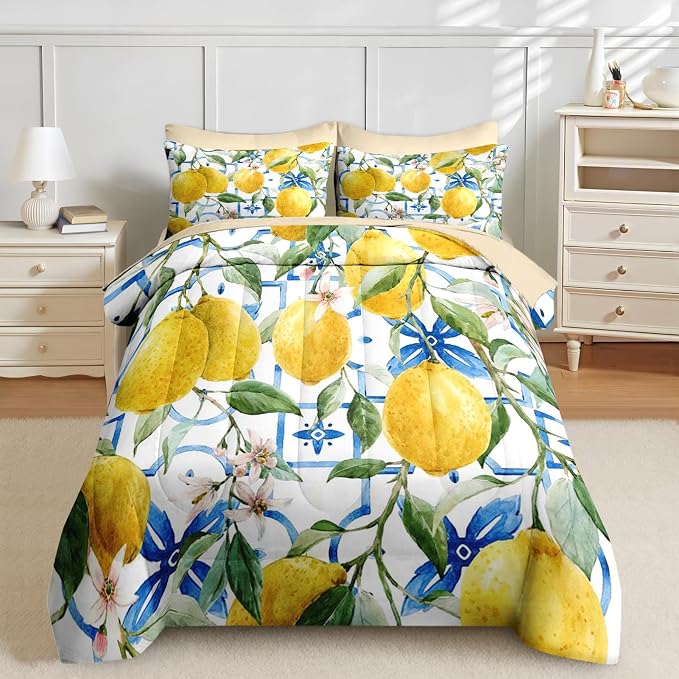Nesker 7 Pcs Comforter Set King Size, Lemons Blue Italian Bedding Set for Kids and Adults, Natural Flower Summer Bed Sheet Sets with Fitted Sheet 2 Pillowcases & 2 Shams