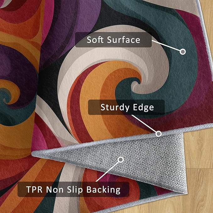 70s Rug Square 8x8 Retro Funky Hippie Psychedelic Swirl Pattern Area Rugs for Living Room, Bedroom, 70s Home Decor Accessories Indoor Carpet, Non Slip & Machine Washable, GD0402