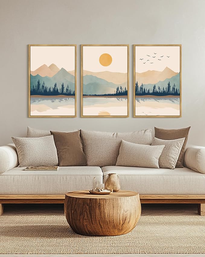 KUVIOKE Mountain Landscape Framed Canvas Wall Art Watercolor Nature Laker Painting Sun Rises Boho Farmhouse Rustic Room Decor for Bedroom Dining Room 24x36in (Natural Framed)