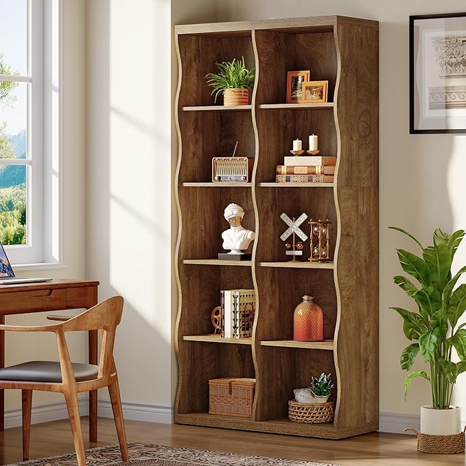 Tribesigns 70.86" Wooden 10 Cubes Bookcase, 5-Tier Tall Floor Standing Bookshelf with Wave-Shaped Design, Rustic Display Storage Organizer with Open Shelves for Living Room, Home Office, Bedroom (1)