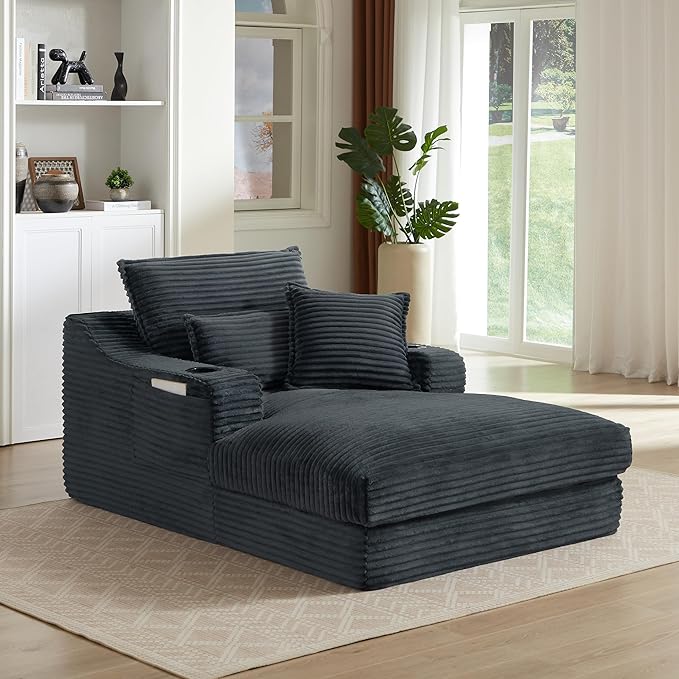 67" Boneless Chaise Lounge Chair Indoor, Oversized Chaise Lounge with Cup Holders, 3 Pillows, Side Pockets & Armrest, Corduroy Upholstered Plush Sleeper Sofa Chair Bed for Living Room, Apartment | Breathable material