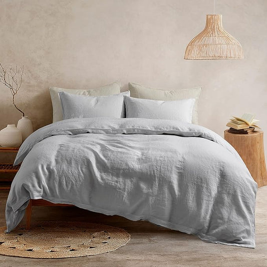 ATLINIA 100% Flax Linen Duvet Cover Set - Stone Washed Pure French Linen Organic Fabric for Farmhouse Comforter Boho Bedding Included 1 Duvet Cover 2 Pillow Shams(Light Grey, Queen)