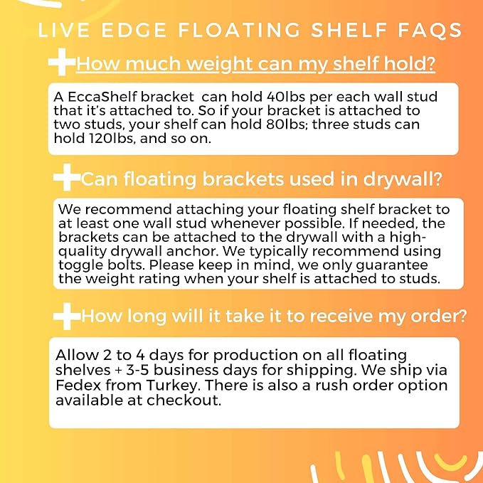EccaShelf Rustic Live Edge Floating Shelves for Wall, Solid Wood Floating Shelf for Room, Natural Wood Wall Shelves for Bathroom, Floating Real Walnut Wood Shelf (27'' x 10'')