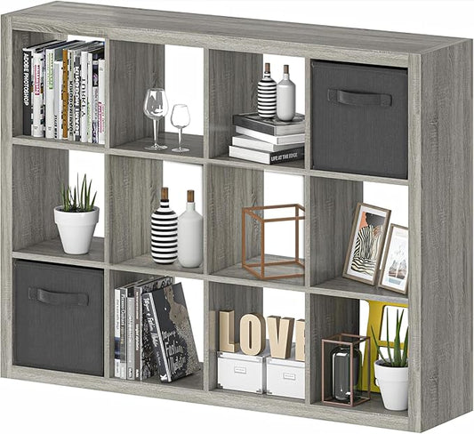 furtble Bookshelf with Storage Bins, 12-Cube Storage Organizer, Modern Wood Open Bookcase, Multifunctional Display Shelf for Living Room, Bedroom, Home Office, Gray Oak