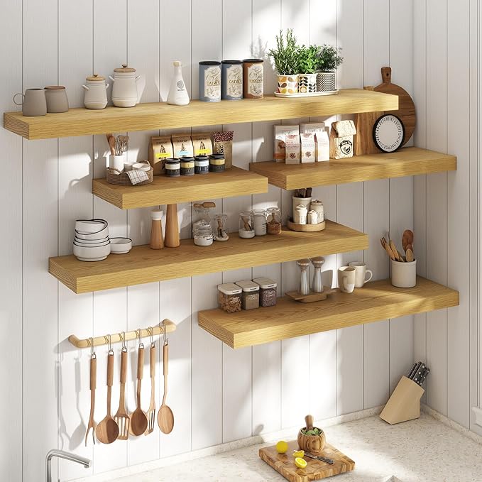 Marsmiles 12" Deep Floating Shelves for Wall with Invisible Brackets, Wall Mounted Engineered Wood Shelves with Wood Grain for Living Room, Bedroom, Kitchen Decor and Storage, 24" L Set of 2, Oak