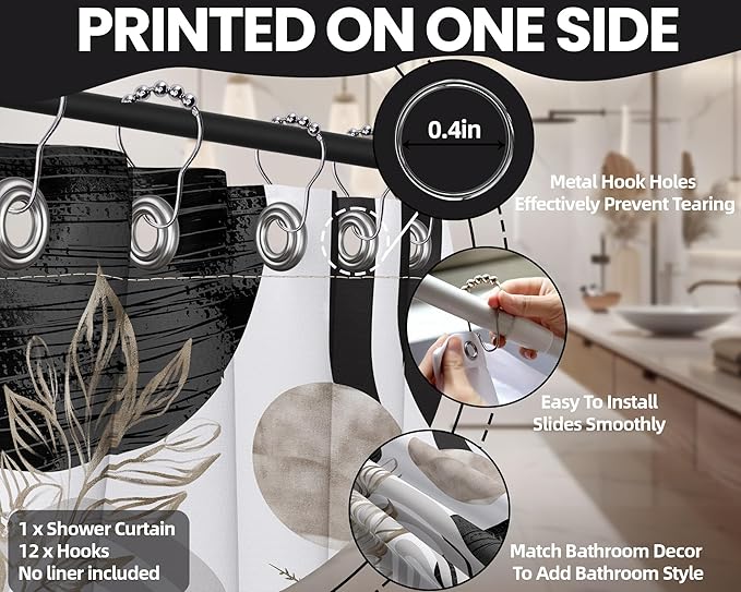 Mid Century Modern Black and White Shower Curtain Cool Charcoal Grey Silver Shower Curtains for Mens Bathroom Decor Sets, Abstract Boho Pattern, Waterproof Cloth Fabric with Hooks 70x78 in