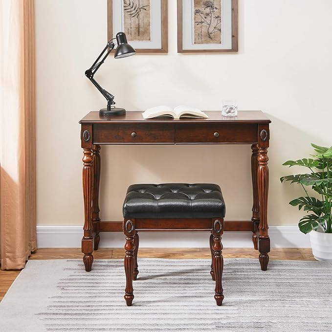Writing Desks with Drawers, 39.4" Home Office Desk with Stable Solid Wood Pedestral Legs, Vntage/Classic Style Computer Desk for Home Office, Living Room Study or Workspace SSZ1533