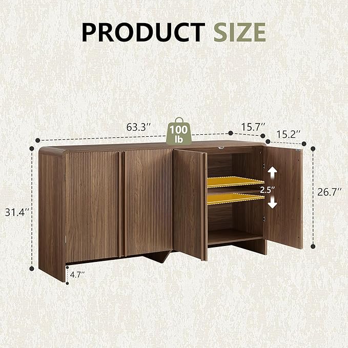 AMERLIFE 63" Fluted Sideboard Buffet Cabinet with Storage, Modern Credenza Console with 4 Doors & Adjustable Shelves, Wood Coffee Bar for Kitchen, Living Room, Hallway, Brown