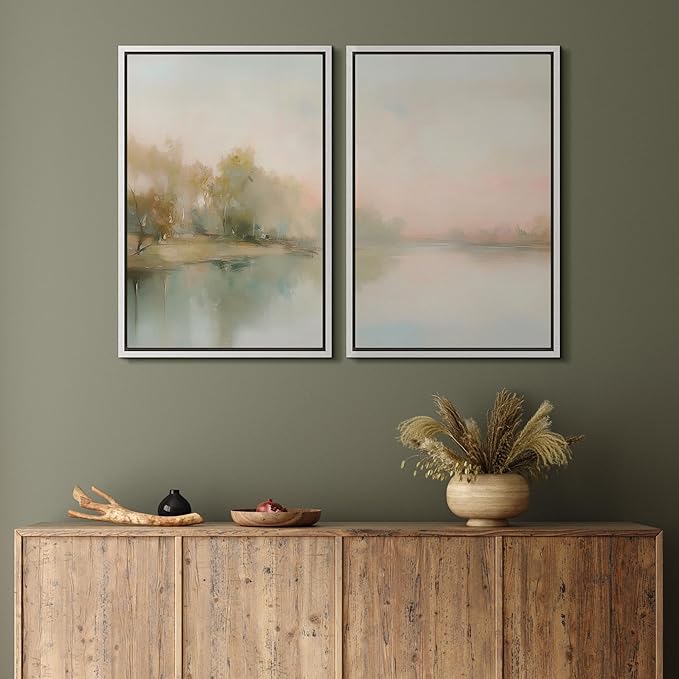 MUDECOR Framed Canvas Print Wall Art Tranquil Reflection Serene River Landscape Illustrations Modern Art Decorative Bohemian Chic for Living Room, Bedroom, Office - 24"x36"x2 White