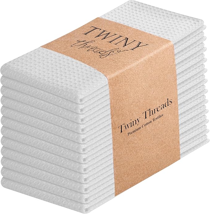 TWINY threads Kitchen Towels Set of 12, 100% Soft Cotton Waffle Weave Dish Towels, Tea Towels with Hanging Loop, Resuable Bar Towels for Table Cleaning, Dinning, Parties- 16"X 26" - White