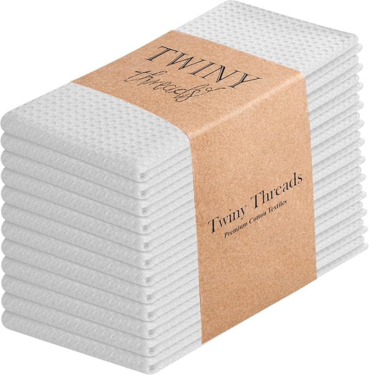 TWINY threads Kitchen Towels Set of 12, 100% Soft Cotton Waffle Weave Dish Towels, Tea Towels with Hanging Loop, Resuable Bar Towels for Table Cleaning, Dinning, Parties- 16"X 26" - White