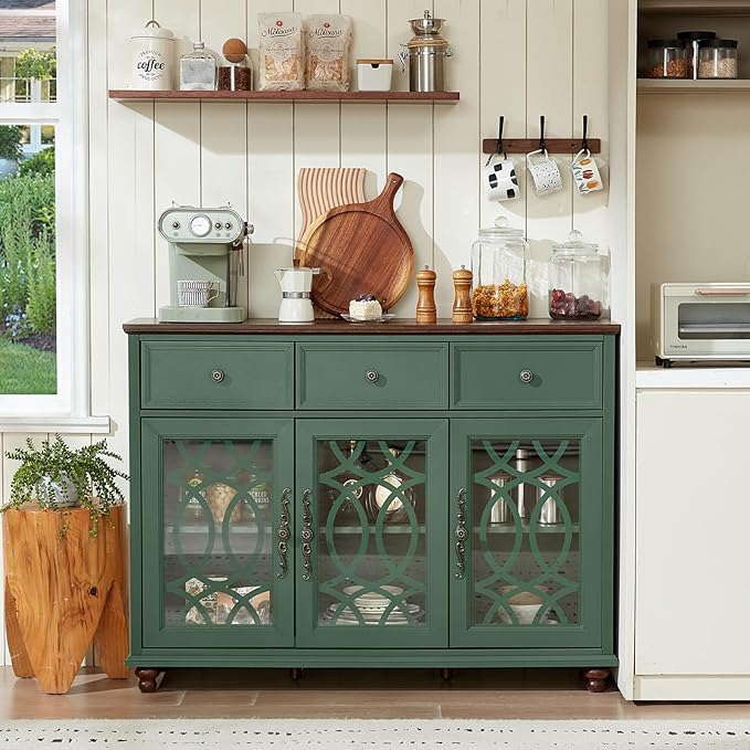 Large Sideboard Buffet Cabinet with Storage,48" Credenza with 3 Glass Doors & 3 Drawers,Adjustable Shelves Coffee Bar,Wood Kitchen Console Table for Dining Room,Living Room,Green