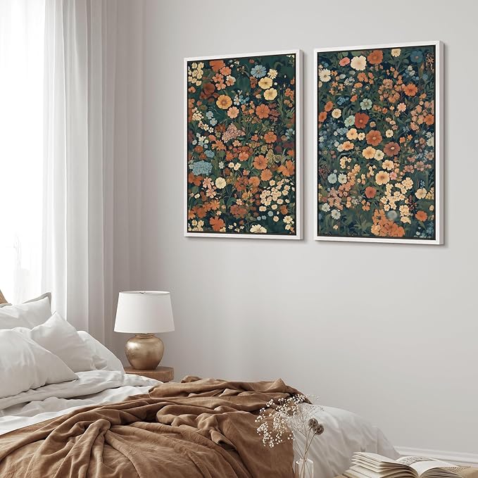 MUDECOR Framed Canvas Print Wall Art Vintage Floral Botanical Colorful Wildflowers Illustrations Modern Art Decorative Bohemian Colorful for Living Room, Bedroom, Office - 16"x24"x2 White