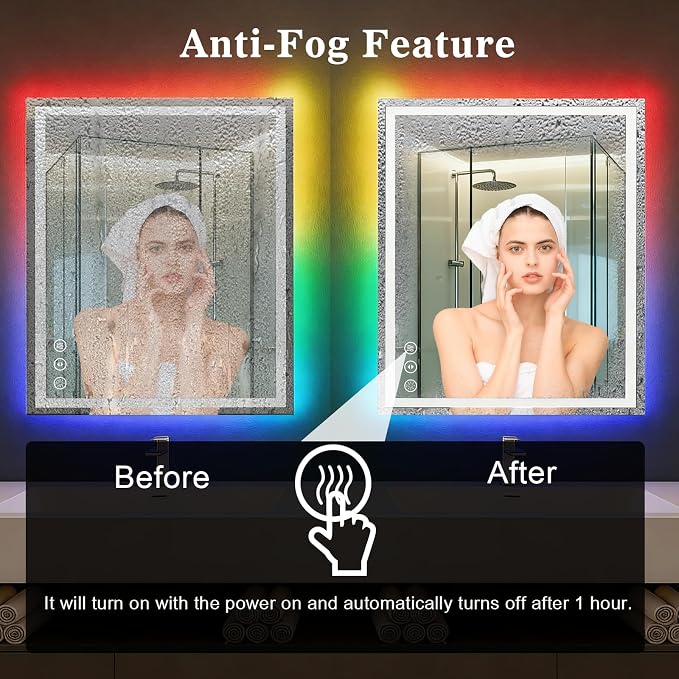 WTTY LED Bathroom Mirror 60"x36" with RGB Backlit and Front Light,Stepless Dimmable LED Mirror for Bathroom,Lighted Bathroom Vanity Mirror,Anti-Fog,Memory Function,Shatter-Proof,Wall Mounted