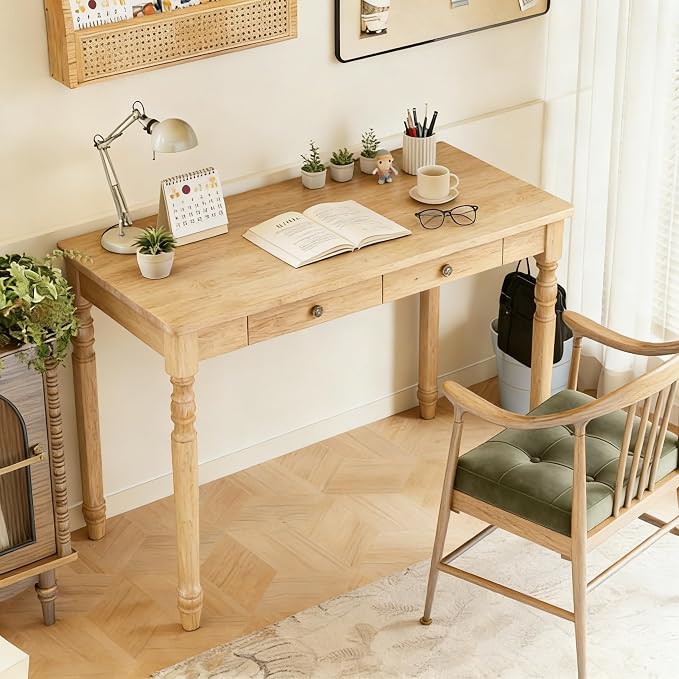 100% Solid Wooden Desk with Drawers - 47.2” Mid Century Modern Desk with 2 Hooks, Writing Desk with Drawers, Simple Work Study Table for Bedroom & Home Office - Natural Boho Desks