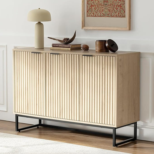 Fluted Storage Cabinet with 3 Doors, Sideboard Buffet Cabinets Adjustable Shelves, Credenza Console Table Cabinets for Living Room, Light Oak