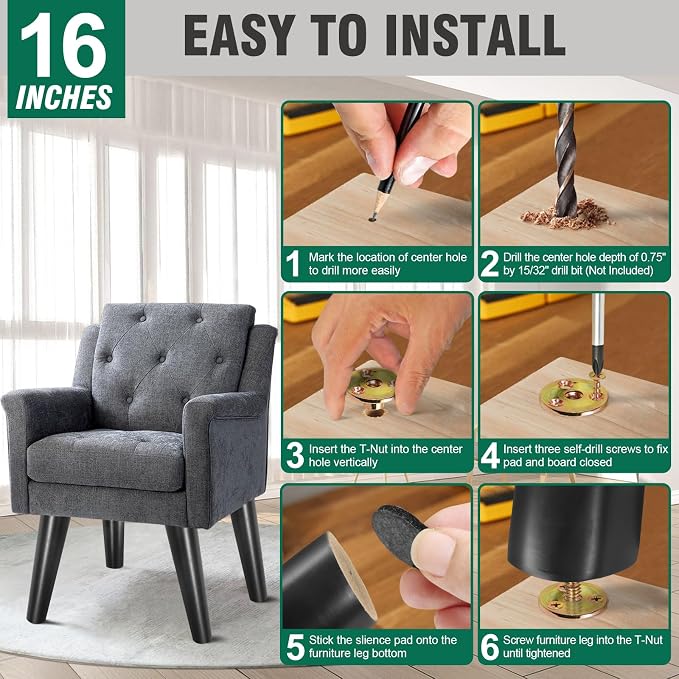 FoDau770 Black Rubber Wood Furniture Legs 16 Inches, Slant Tapered Wood Feet Mid Century Table Legs Set of 4, 5/16" UNC Screw-in Furniture Feet - Max Leg Diameter 2.3"