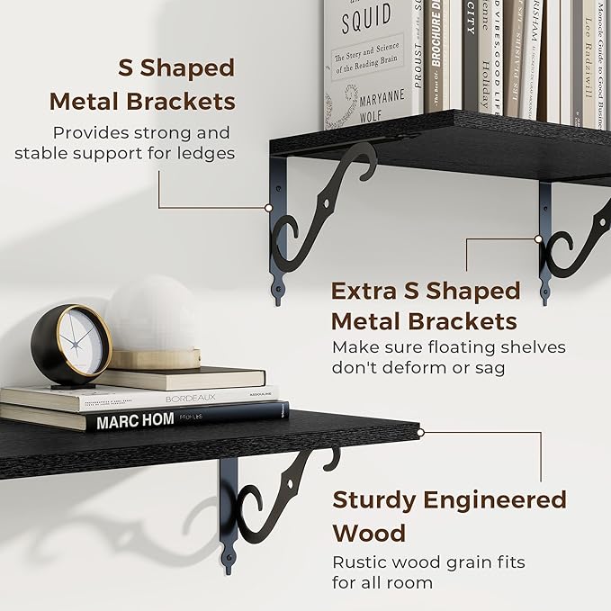 RICHFOCUS 12 Inch Deep Floating Shelves for Wall, 39" W x 12" D Black Wood Wall Shelves Set of 2, Wide Floating Shelves for Living Room, Bedroom, Kitchen, Bathroom and Decor Storage, Black