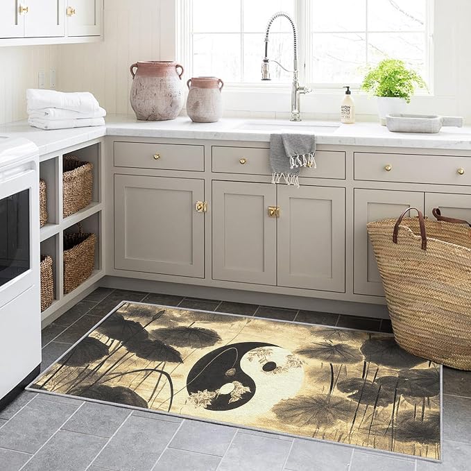 Yin Yang Lotus Leaf Runner Rug 2x7, Asian Yoga Design, Zen Spiritual Meditation Area Rug Washable Hallway Rugs Non-Slip Floor Carpet Runner for Bedroom, Narrow Hallway, Kitchen Aisle