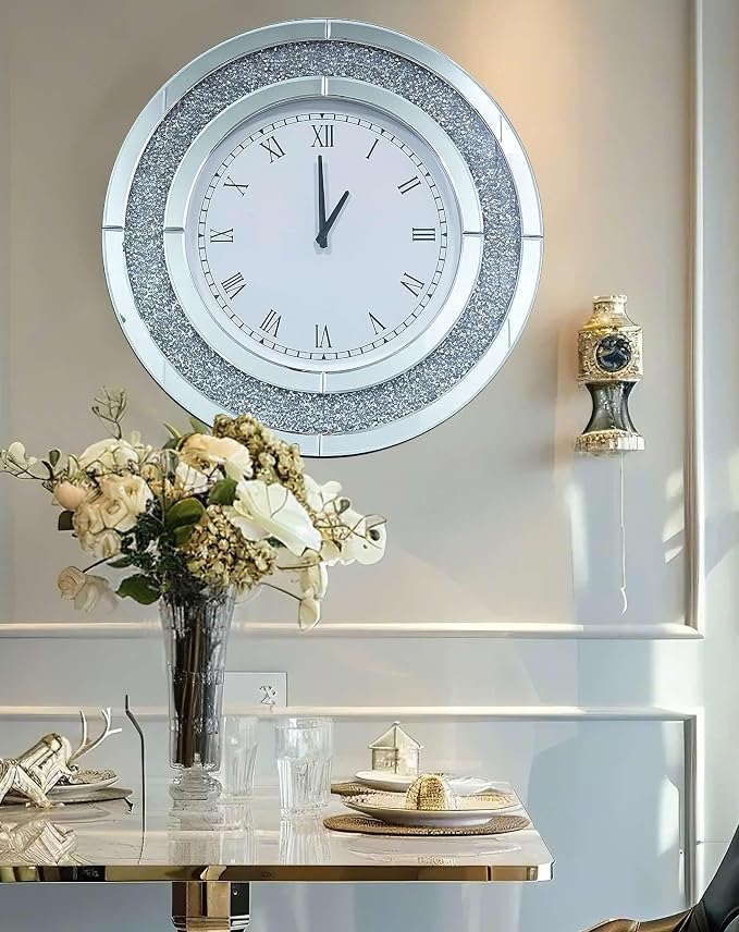 Crushed Diamond Wall Clock Round Decorative Mirrored Clock 24 inch Silver