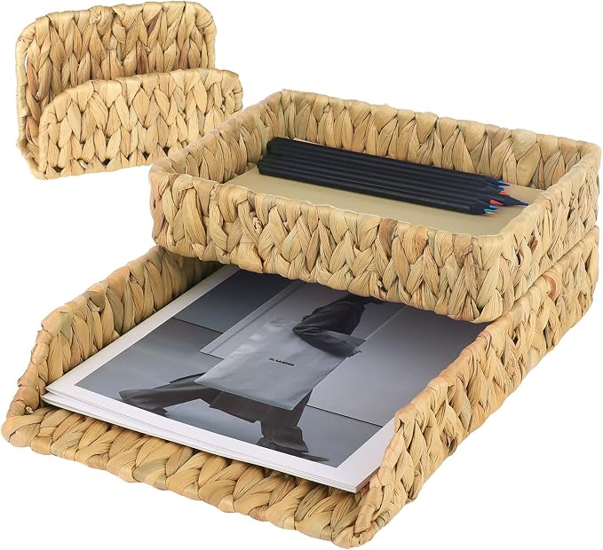 Woven Desk Organizer Letter Tray Set of 3, Water Hyacinth Paper Baskets for Organizing, Rattan A4 File Tray with Letter Sorter, Office Storage Rack for Files Mail Notebooks Stationery