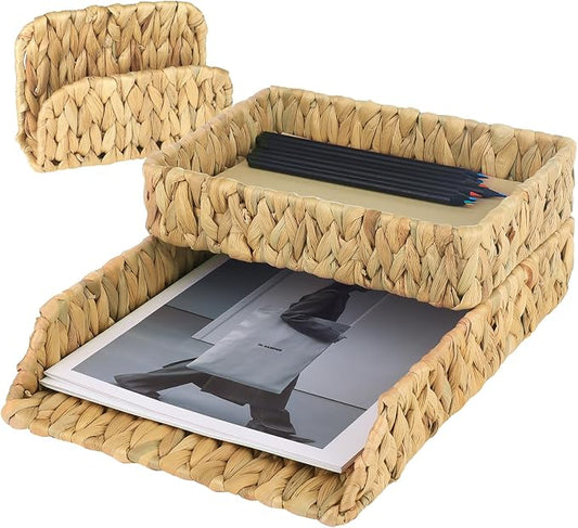 Woven Desk Organizer Letter Tray Set of 3, Water Hyacinth Paper Baskets for Organizing, Rattan A4 File Tray with Letter Sorter, Office Storage Rack for Files Mail Notebooks Stationery