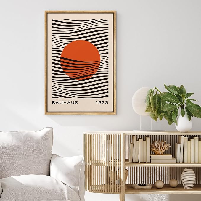 MUDECOR Framed Canvas Print Wall Art Mid-Century Bauhaus Red Sun & Black Waves Shapes Abstract Illustrations Modern Art Minimal Multicolor Relax/Calm for Living Room, Bedroom, Office - 24"x36" NATURAL